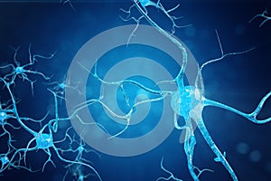 Conceptual illustration of neuron cells with glowing link knots. Synapse and Neuron cells sending electrical chemical