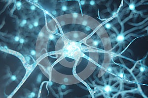 Conceptual illustration of neuron cells with glowing link knots. Synapse and neuron cells sending electrical chemical