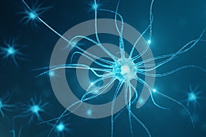 Conceptual illustration of neuron cells with glowing link knots. Synapse and neuron cells sending electrical chemical