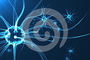 Conceptual illustration of neuron cells with glowing link knots. Synapse and Neuron cells sending electrical chemical