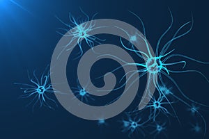 Conceptual illustration of neuron cells with glowing link knots. Synapse and Neuron cells sending electrical chemical