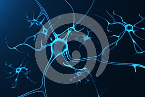 Conceptual illustration of neuron cells with glowing link knots. Synapse and Neuron cells sending electrical chemical