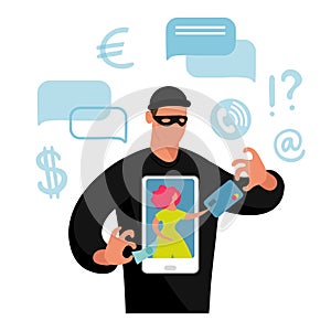 Conceptual illustration of online fraud, cyber crime, data hacking. The girl on the phone screen and the scammer