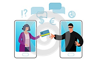 Conceptual illustration of online fraud, cyber crime, data hacking. A woman on the phone screen and the scammer stealing a bank