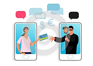 Conceptual illustration of online fraud, cyber crime, data hacking. A woman on the phone screen and the scammer stealing photo