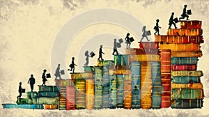 Conceptual Illustration of People Climbing Stairs of Knowledge Made of Books