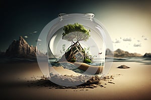 Conceptual illustration of people in a polluted world and balance with nature