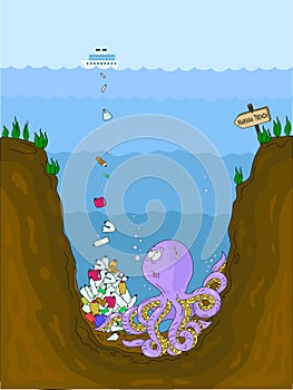 A conceptual illustration of the pollution of the world`s oceans with plastic waste. Octopus at the bottom of the marian hollow in