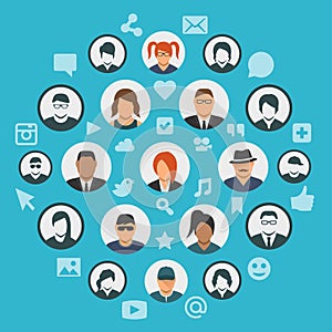 Conceptual illustration of social media cloud with people avatars and social icons