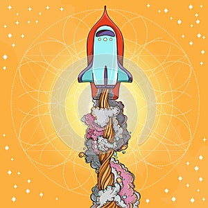 Conceptual illustration on the theme of space travel. Flying in the space shuttle. Design for t-shirts, gifts, promotional
