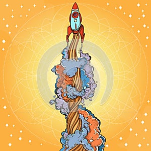 Conceptual illustration on the theme of space travel. Flying in the space shuttle. Design for t-shirts, gifts, promotional