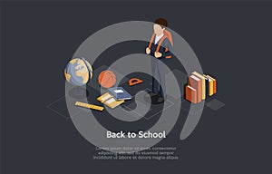 Conceptual Illustration. Vector Isometric Composition, Cartoon 3d Style. Back To School Ideas. Autumnal Study Season