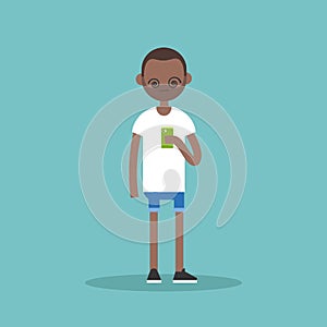 Conceptual illustration: young black man hypnotized by his smart photo