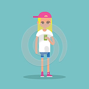 Conceptual illustration: young blond girl hypnotized by her smar photo
