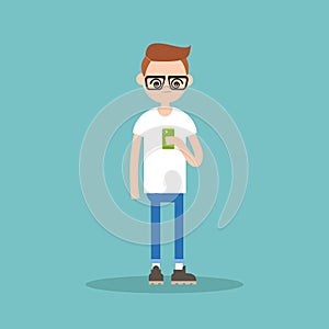 Conceptual illustration: young nerd hypnotized by his smartphone photo