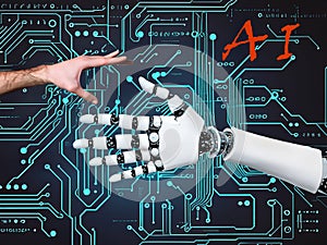 Conceptual image of artificial intelligence represented as a robotic hand reaching towards a human hand. At the top right the