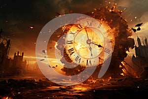 Conceptual image of big clock burning in fire. Time concept, Time getting destroyed, AI Generated