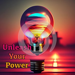 A conceptual image, A Bright Idea, with message unleash your creativity power, generated by AI.