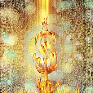 Conceptual image of burning dollar sign and fire flames over bin
