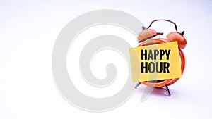 Conceptual image of Business Concept with words Happy Hour on a clock with a white background. Selective focus.