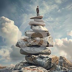 Conceptual image of a businessman at the peak of a stone stack against a cloudy sky