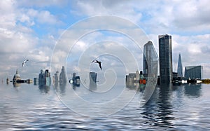 Conceptual image of the city of london with buildings flooded due to global warming and rising sea levels and gulls
