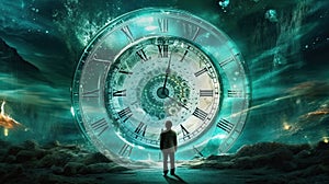 Conceptual image with clock face and man standing in space. Generative AI