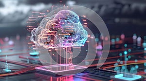 Conceptual image of cloud computing and data storage with binary code and circuit board
