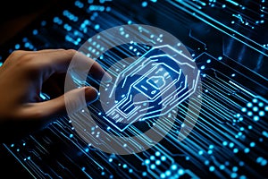 Data security concept with hand touching digital lock on circuit board background