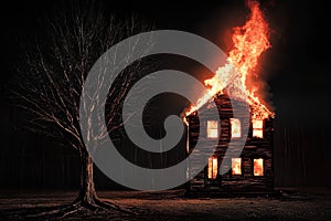 Burning house with a tree in the background. Conceptual image photo
