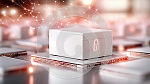 A conceptual image of a digital lock securing a network of interconnected devices