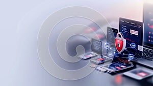 A conceptual image of a digital lock securing a network of interconnected devices