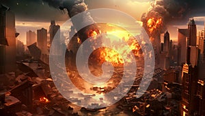 Conceptual image of disaster with burnt buildings and urban landscape, World collapse, doomsday scene, digital painting, AI