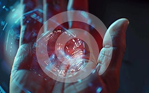 A conceptual image displaying a hand holding a holographic fingerprint, illustrating futuristic authentication