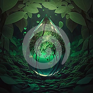 Conceptual image of a drop of water with a lush forest inside. Concept of ecology, sustainability, conservation and preservation