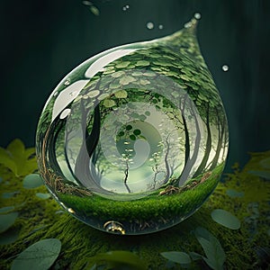 Conceptual image of a drop of water with a lush forest inside. Concept of ecology, sustainability, conservation and preservation