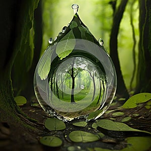 Conceptual image of a drop of water with a lush forest inside. Concept of ecology, sustainability, conservation and preservation