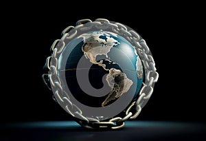 Conceptual image of the Earth encircled by a chain, symbolizing environmental issues or geopolitical constraints, on dark backdrop