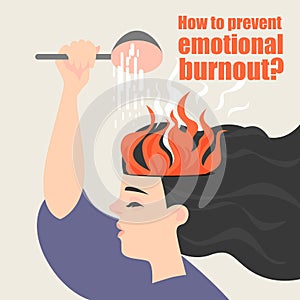 Conceptual image of emotional burnout. The girl is watering the burning brain.