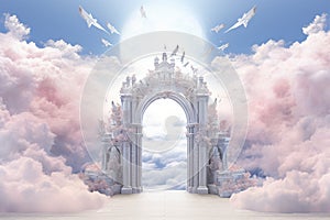 Conceptual image with an entrance gate leading to a fantasy world. Ai generative