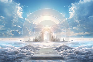 Conceptual image with an entrance gate leading to a fantasy world. Ai generative