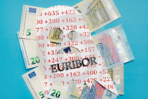 Conceptual image of Euribor as in scary monster floating above Euro money.