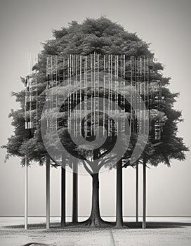 Conceptual image of exploiting trees and forest for material gain with barcode and tree
