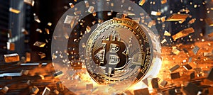 A conceptual image featuring a Bitcoin symbol bursting through traditional financial institutions, illustrating the disruptive