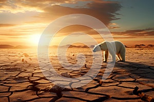 Conceptual image featuring a polar bear in a setting related to global warming. Generative AI