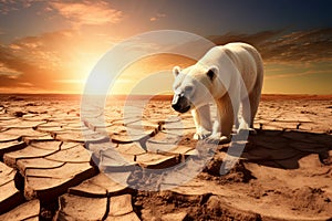 Conceptual image featuring a polar bear in a setting related to global warming. Generative AI