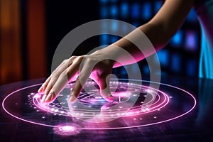 Conceptual image of female hand touching zooming out virtual hologram through screen. Communication big data