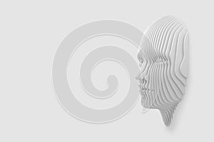 Conceptual image of the female head cut out of the wall and coming out of the wall. 3d illustration