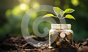 Conceptual Image of Financial Growth and Sustainability with a Young Plant Growing from a Jar of Coins in Fertile Soil Under