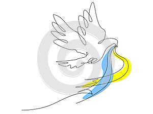 Conceptual image flying dove with ribbon in its beak. Ukrainian flag colors design. Continuous one line art technique